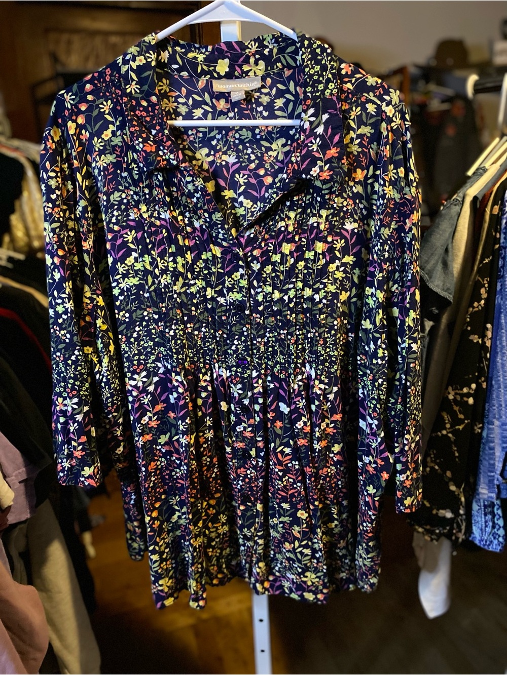 Woman Within Navy Multicolor Floral Smocked Blouse